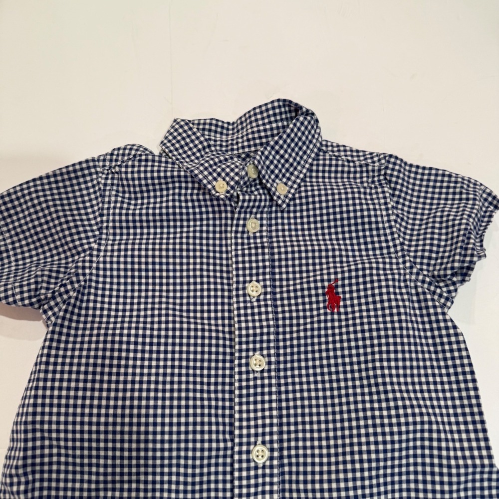 Polo Ralph Lauren Baby 18M Blue Gingham Romper 100% Cotton Preppy Classic - Picture 2 of 6